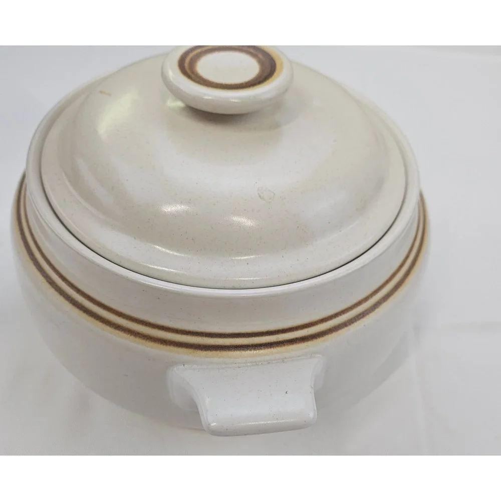 Woodberry Collection Stoneware Casserole Dish with Lid Cream Brown Striped Japan